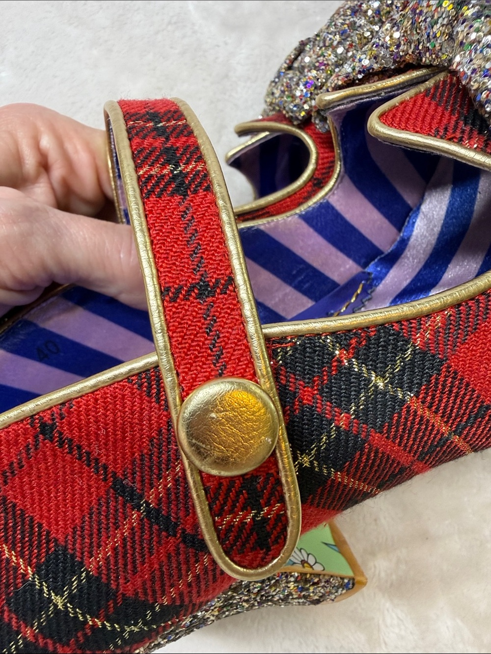 Irregular Choice "Piccolo" Red Tartan Mid Heels w/ Glitter Bows & Hilda Sole 9 - Picture 12 of 12